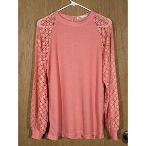 Miholl Thermal Top Lace Bishop Sleeves Waffle Knit Pink Romantic Women's Lg NWT